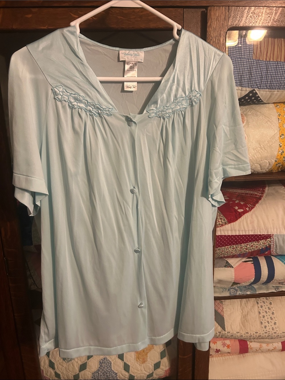 Vanity Fair Light Blue Short Sleeve Button Front Nightgown
